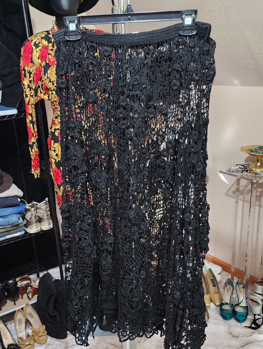 Vintage 80s LIM'S Black Hand Crochet Cotton Maxi Skirt Rare Size M - Picture 2 of 6